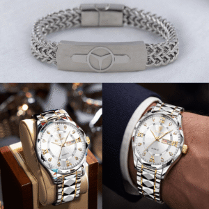 BINBOND Men’s Watch & Bracelet Combo (Silver)