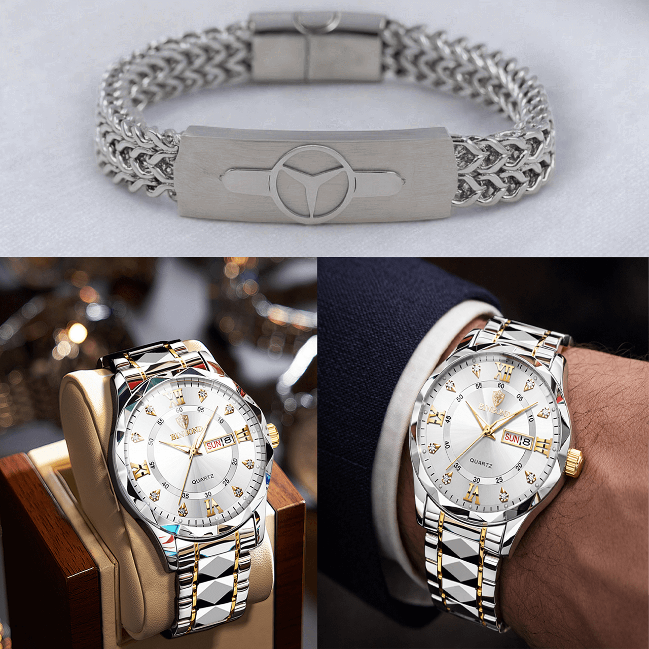 BINBOND Men’s Watch & Bracelet Combo (Silver)